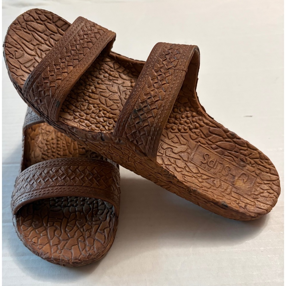 J-Slips Hawaii Brown Two Strap Slide Sandals Mens 5.5 Womens 7 Hawaiian Jesus